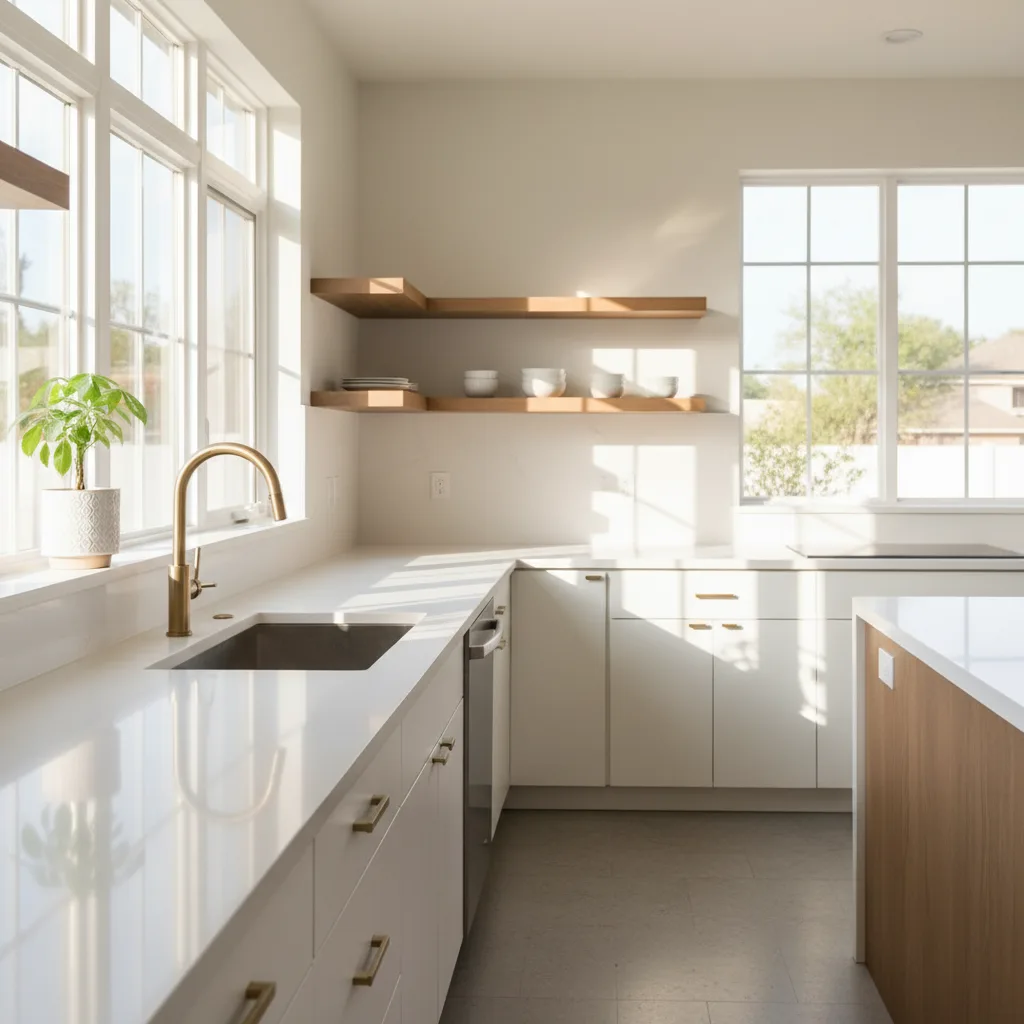 Bright Austin kitchen with morning light, clean counters and plants on the windowsill