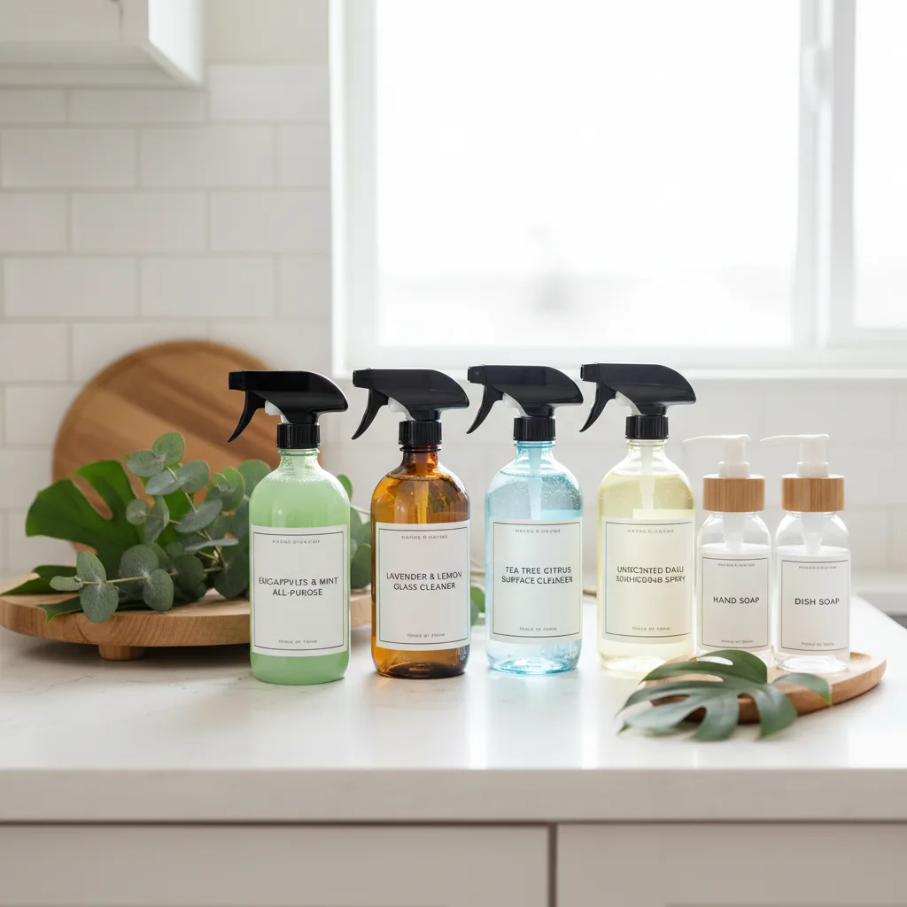 Arrangement of plant-based cleaning sprays and glass bottles on a white kitchen counter