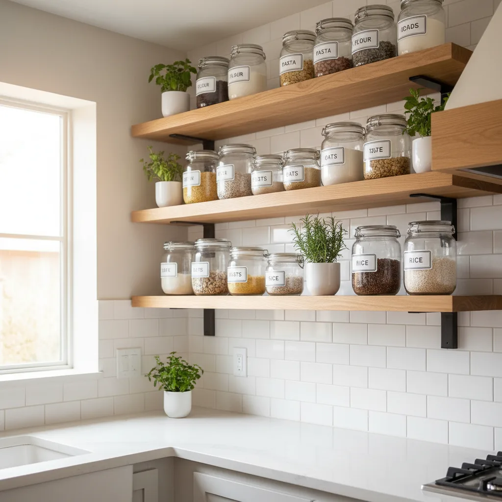 Neatly organized open shelving in a home kitchen with labeled containers and herbs